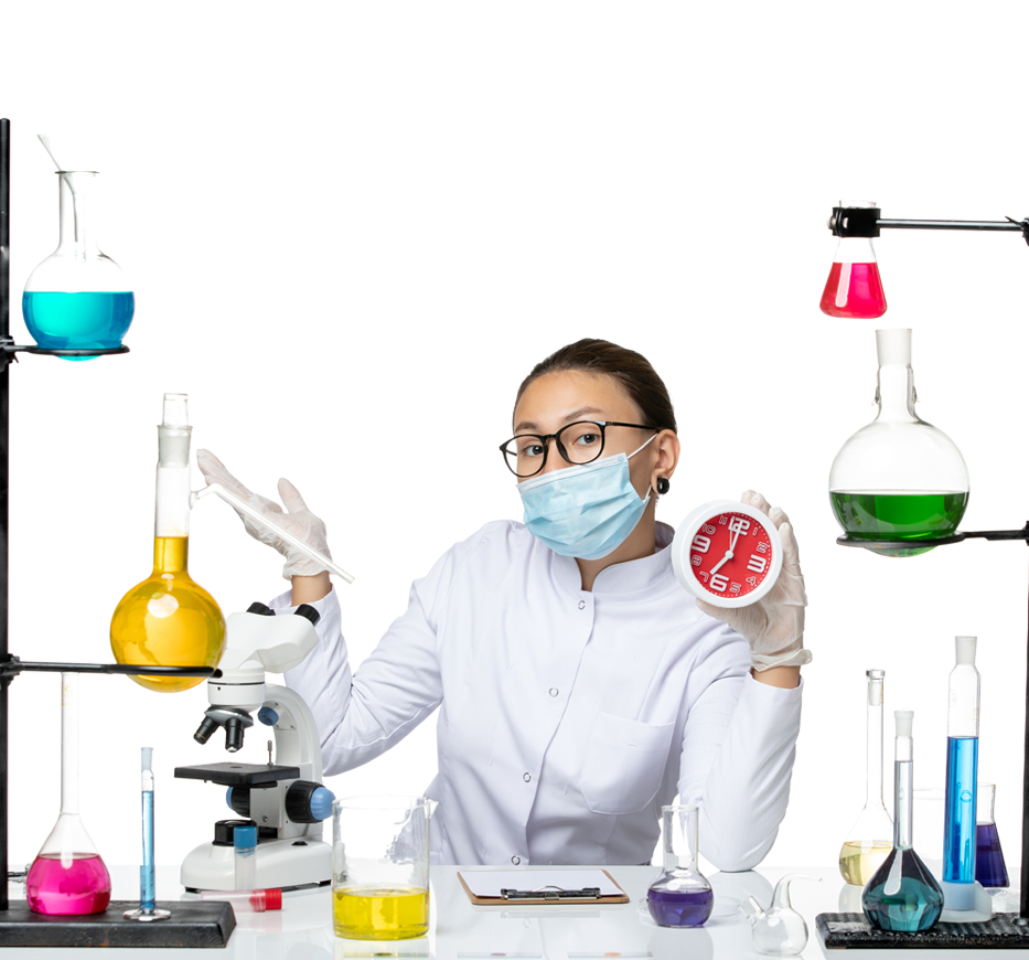 Laboratory scientist holding clock among colorful flasks