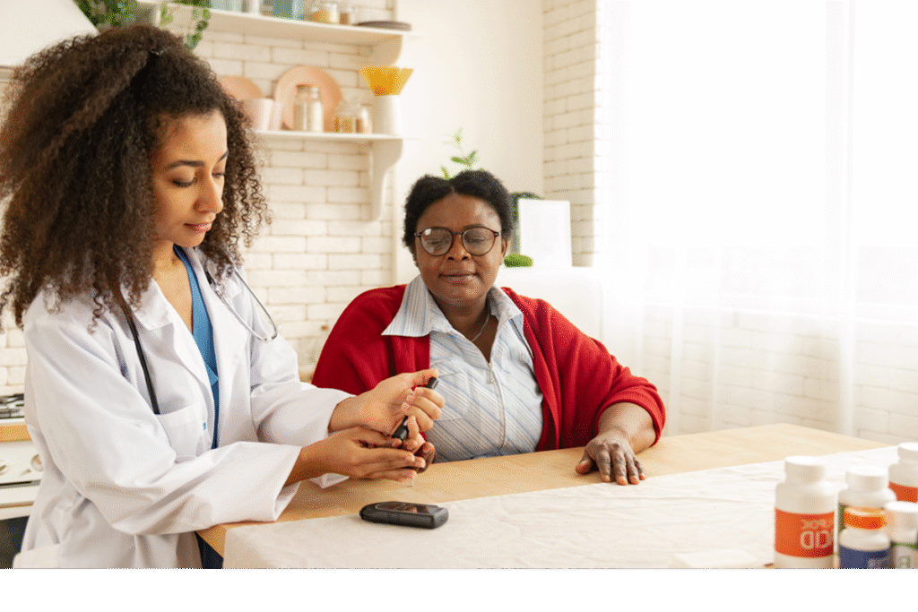 Doctor checking patient's blood sugar with glucometer
