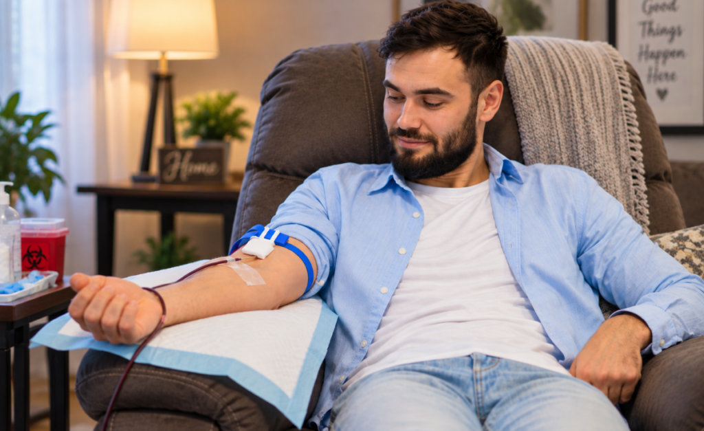 Patient relaxed during blood draw procedure.